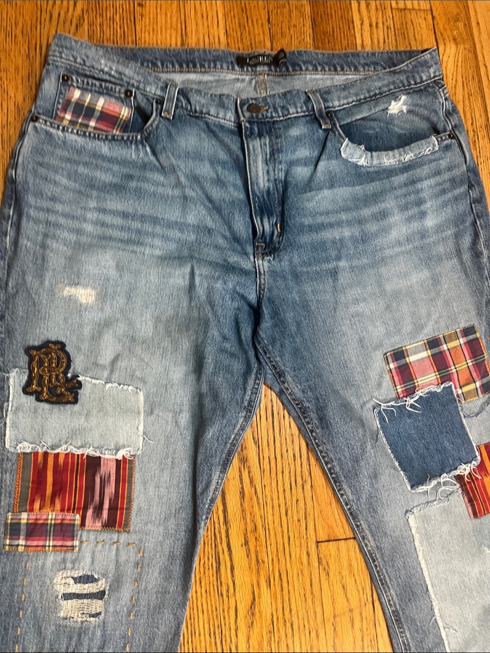Ralph Lauren Plus Size Patchwork Boho Relaxed Tapered Jeans in Skye Wash - Picture 5 of 9
